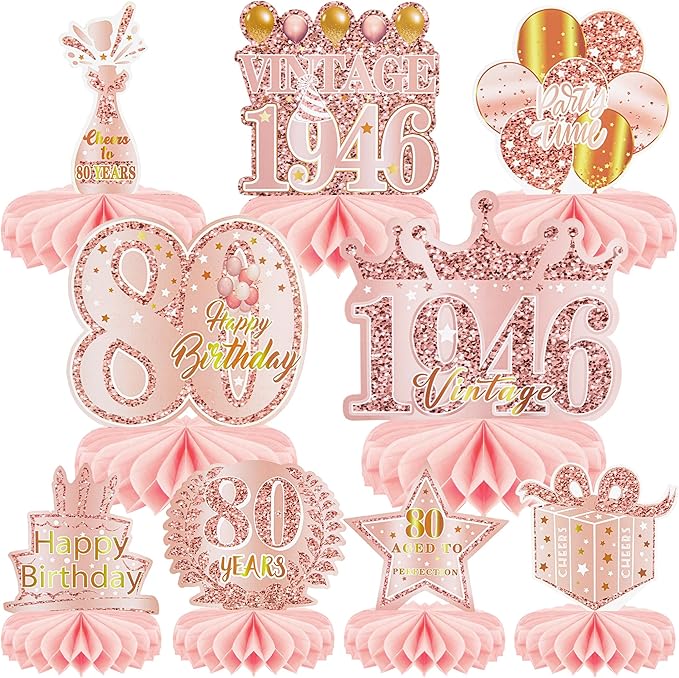 9 Pcs 80th Birthday Decoration for Women Happy 80th Birthday Table Honeycomb Decorations Rose Gold Pink Centerpieces Tables Toppers1946 Decor Cheers to 80 Years Old Birthday Party Favors