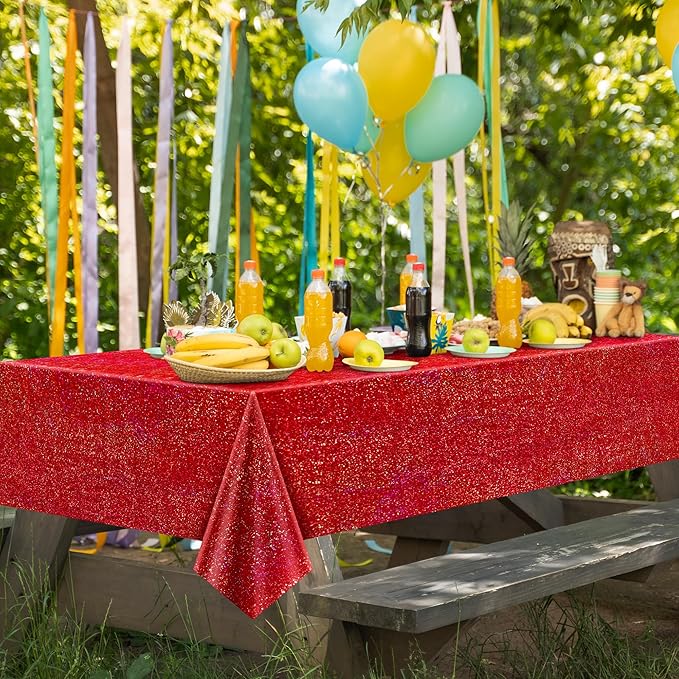 Christmas Table Cloth 40" x 108" Red, Green and Gold Holographic Laser Tablecloth Iridescence Shining Plastic Disposable Party Table Decoration For Holiday Event Birthday Party Decor Supplies