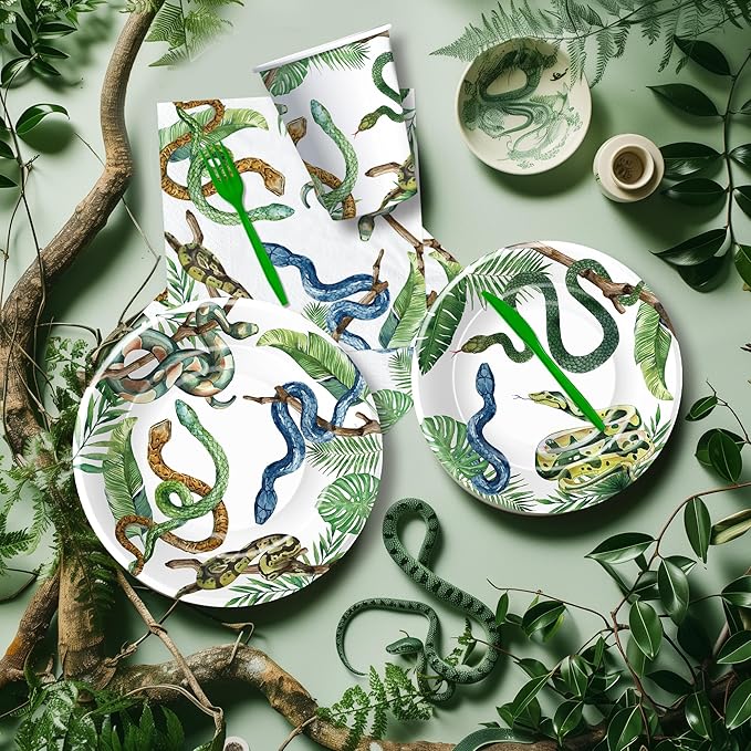 Snake Party Decorations - Reptile Theme Snake Birthday Party Supplies, Paper Plate, Cup, Napkin, Cutlery, Tablecloth, Jungle Swamp Camping Wilderness Snake Theme Party Tableware | Serve 24