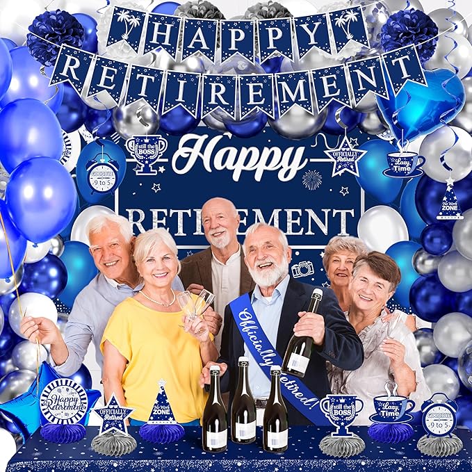 Retirement Party Decorations for Men Women 109Pcs Blue Silver Happy Retirement Decorations Include Banner Backdrop Balloons Sash Hanging Swirls Pompoms Tablecloth Honeycomb Centerpiece(Blue Silver)