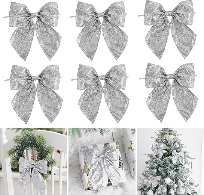 AIMUDI Silver Glitter Wired Ribbon Bows with Twist Tie 5.5" Premade Metallic Christmas Bows for Gift Wrapping, Wreath, Garland, Holiday Crafts Party Home Outdoor Christmas Tree Decorations, 12 PCs