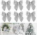 AIMUDI Silver Glitter Wired Ribbon Bows with Twist Tie 5.5" Premade Metallic Christmas Bows for Gift Wrapping, Wreath, Garland, Holiday Crafts Party Home Outdoor Christmas Tree Decorations, 12 PCs