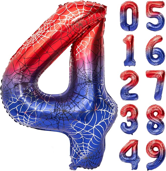 40 Inch Red and Blue Spider Theme Large Number 4 Balloon Giant Foil Birthday Balloons for Spider Theme Party Boy or Girl 4 th Birthday Wedding Anniversary Baby Shower Party Decorations