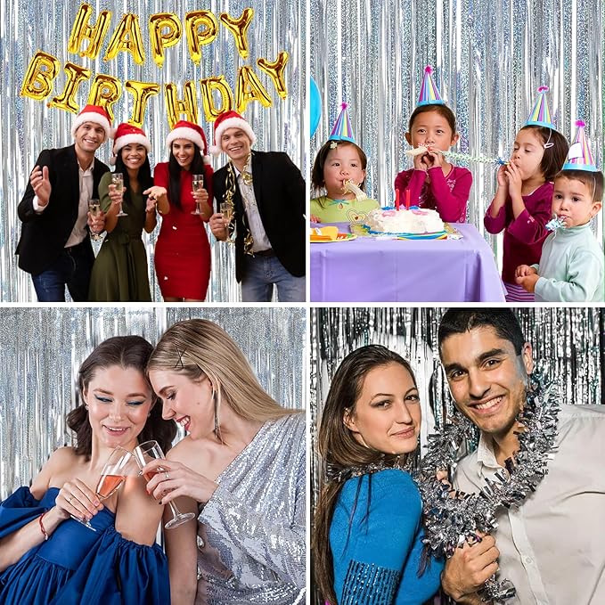 Silver Backdrops Curtains Christmas Party Decorations, Tinsel Streamers Birthday Decoration for Birthday Decorations, Photo Booth Props for Wedding, 2Pack 3.28X6.56Ft
