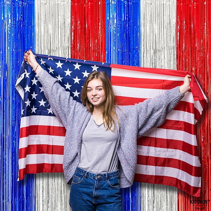 KatchOn, Red White and Blue Streamers - Xtralarge, 8x6.4 Feet, Pack of 2 | Red White And Blue Fringe Curtain for White Trash Party Decorations