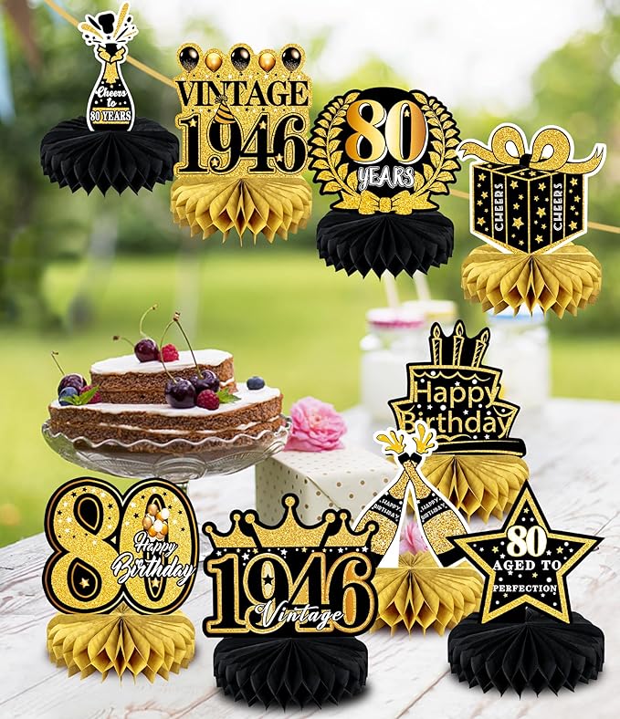 9 Pcs 80th Birthday Decoration for Men Women Happy 80th Birthday Honeycomb Centerpieces 80th Birthday Table Party Decorations Black and Gold Cheers to 80 Years Decor 1946 Birthday Party Favors