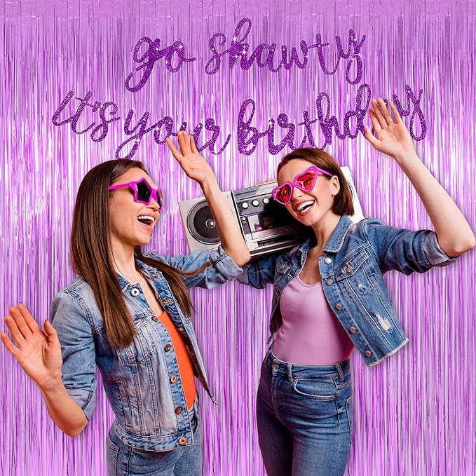 Melsan Light Purple Tinsel Curtain Backdrop, 3.28 x 8ft Metallic Foil Fringe Curtains with Adhesive + Extra Backup Tape, Shiny Party Background for Birthday, Photo Booth & Event Decor, 2 Pack