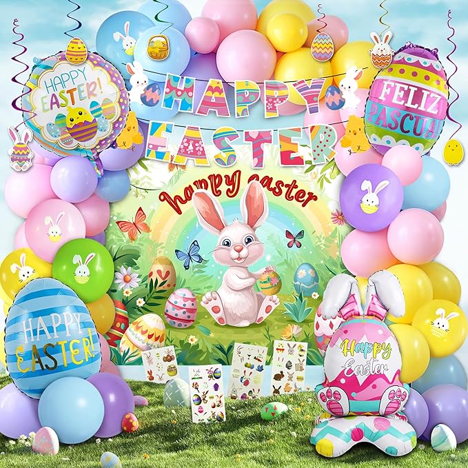 Party Spot! 101 PCS 2026 Easter Party Decorations Set, Easter Party Supplies, Easter Balloon Arch Garland Kit, Happy Easter Backdrop, Banner, Easter Egg Balloon, and Hanging Swirls