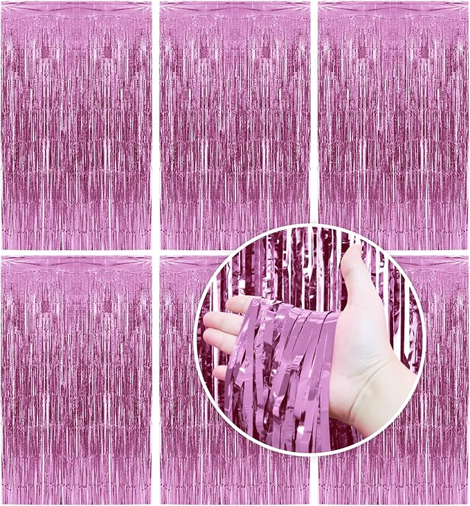Homiest 6 Pack Pink Tinsel Backdrop, 3.3x6.6 FT Metallic Tinsel Foil Fringe Curtains Party Decorations, Birthday Door Streamers for Baby Shower Wedding, Photo Booth Props Background Wall Decor