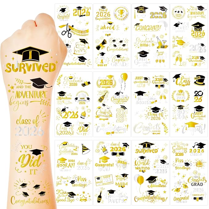 96 Pcs Grad Temporary Tattoos, 12 Sheets Foil Metallic Grad Glitter Tattoos Bulk, Graduation Stickers Tattoo for 2026 Congrats Graduation Party Favors Decorations Decor Gifts Supplies Accessories