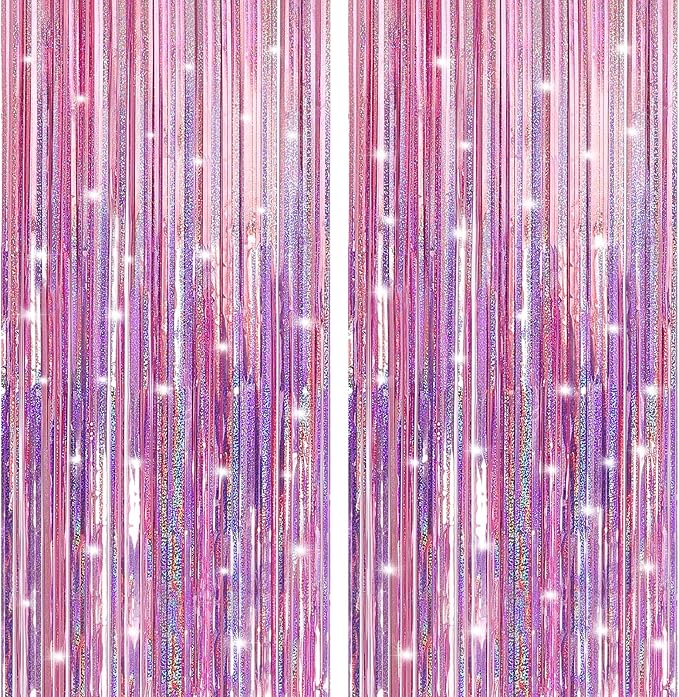 2 Pack Laser Pink Foil Fringe Curtains Streamers Party Decorations 3.3 x 8.2 ft, Tinsel Curtain Fringe Backdrop for Parties, Door Fringe Birthday Streamers, Barbie Backdrop Birthday Party Decorations