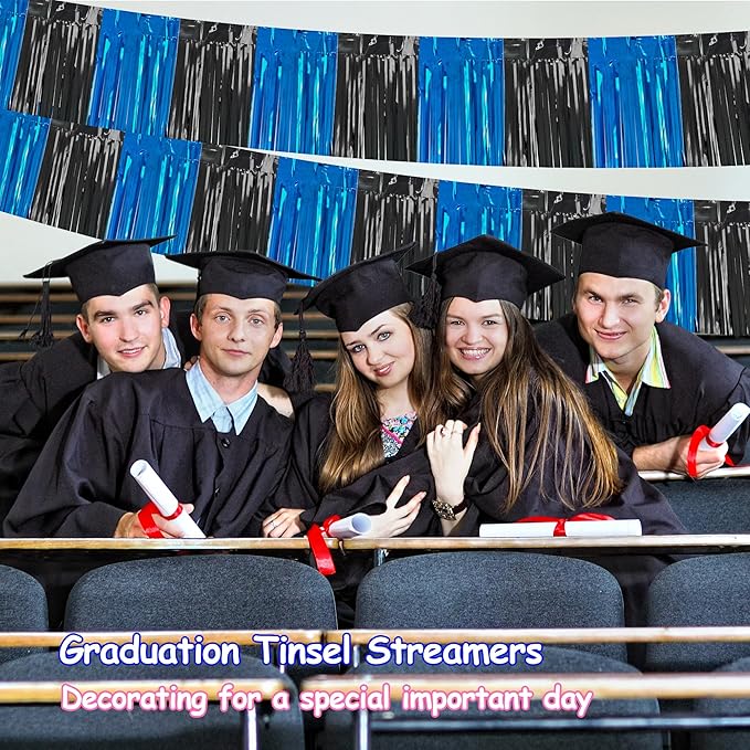 4 Packs Total 39 Ft Graduation Parade Floats for Trailer Car, Black Royal Blue Foil Fringe Garland Tinsel Streamers Banner Table Skirts for Graduation Homecoming Birthday Party(Black Blue)