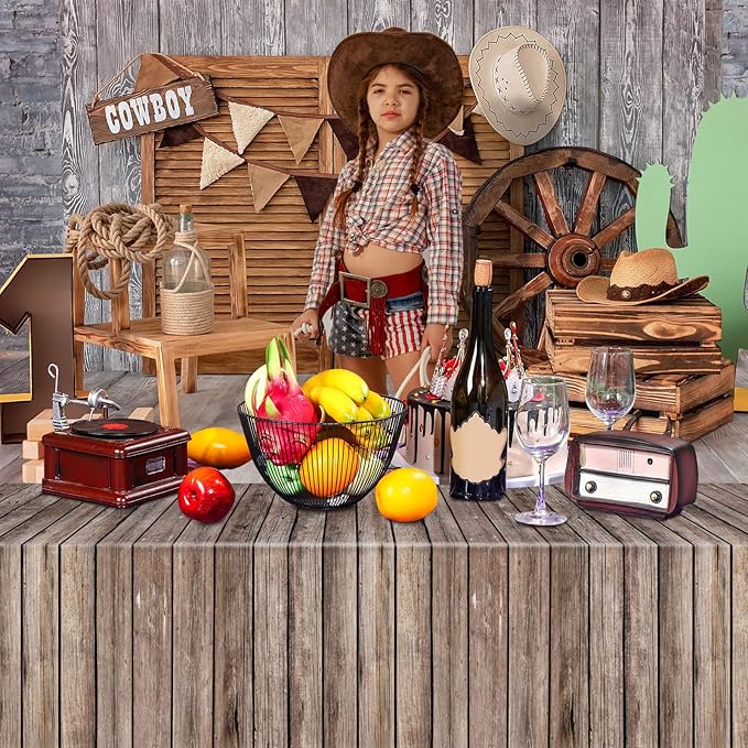 Tiamon 3 Pcs Western Party Tablecloth Western Cowboy Party Table Cover Cowboy Theme Plastic Tablecloth Wild West Wood Grain Table Cover for Birthday Baby Shower Decor (54 x 108 Inch)