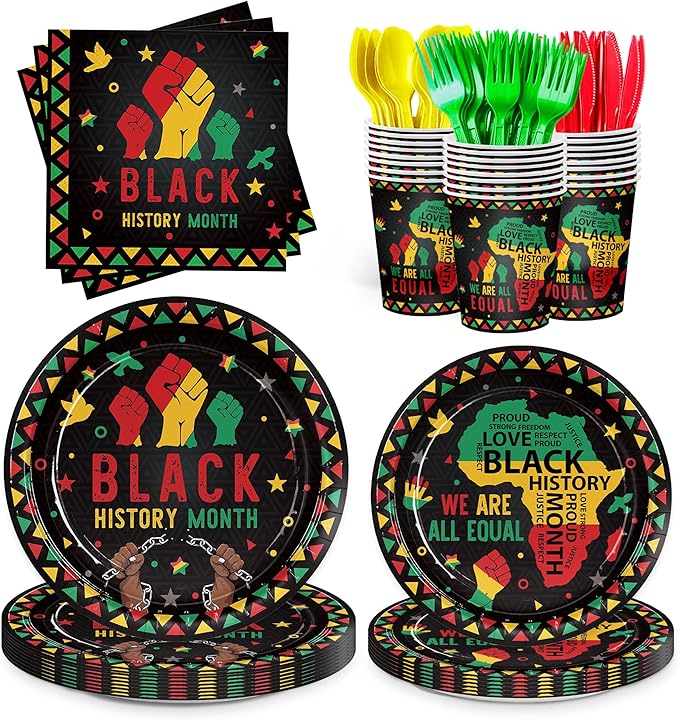 168pcs Black History Month Decorations Plates Napkins Disposable Paper Cups Tableware Set Black History Month Party Supplies for African American Festival Decor Serve 24 Guests