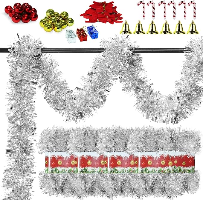 4 Pack Silver Tinsel Garland - 200Ft Metallic Hanging Tinsel for Christmas Tree, Home & Party Decorations Indoor/Outdoor