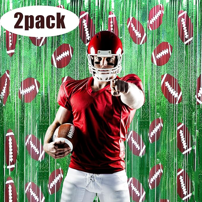 Football Party Decorations Photo Booth Prop, 2 Pcs 3.3x6.6 ft Foil Fringe Curtain Backdrop for Sports Party, Football Themed Decoration