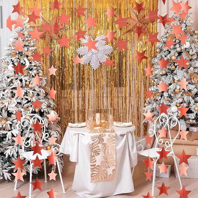 Spakon 65 Feet Glitter Star Paper Garland Banner Hanging Decoration Star Streamers Double Side 2026 Graduation Decorations for Wedding Birthday Festival New Year Party Decoration(Rose Gold)