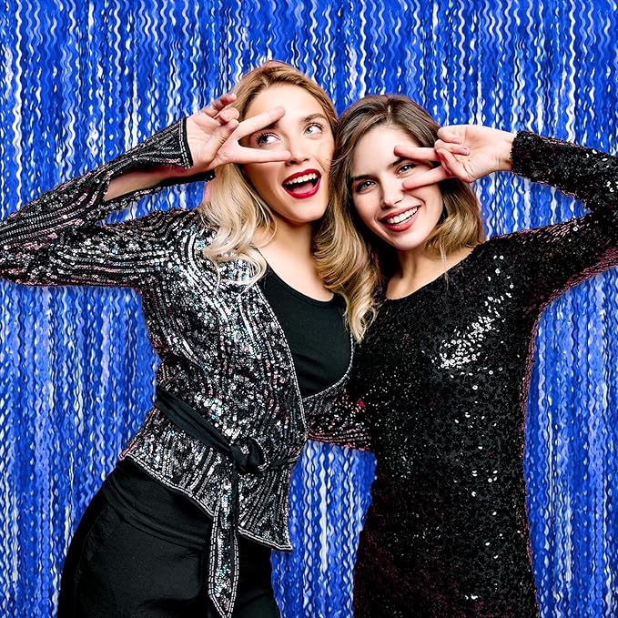 4 Pack Blue Wave Foil Fringe Curtain Backdrop, 3.28Ft x 8.2Ft Metallic Tinsel Foil Fringe Streamer Curtains for Photo Booth, Mother's Day, Easter, Birthday, Wedding Party Decoration