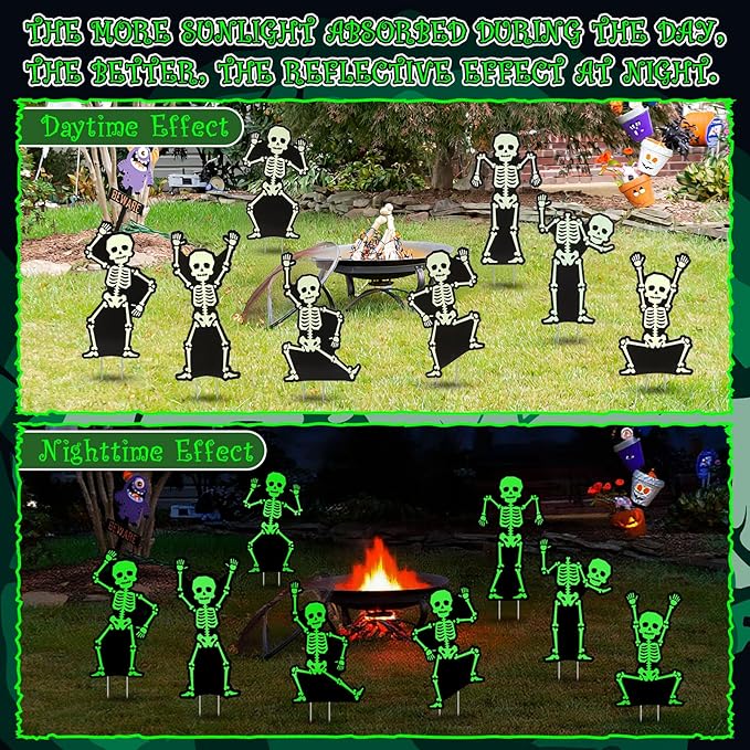Jetec 8 Pcs Halloween Outdoor Decorations Glow in The Dark Skeleton with Stakes Luminous Halloween Graveyard Decoration Funny Skeleton Yard Signs for Outdoor Lawn Yard Garden