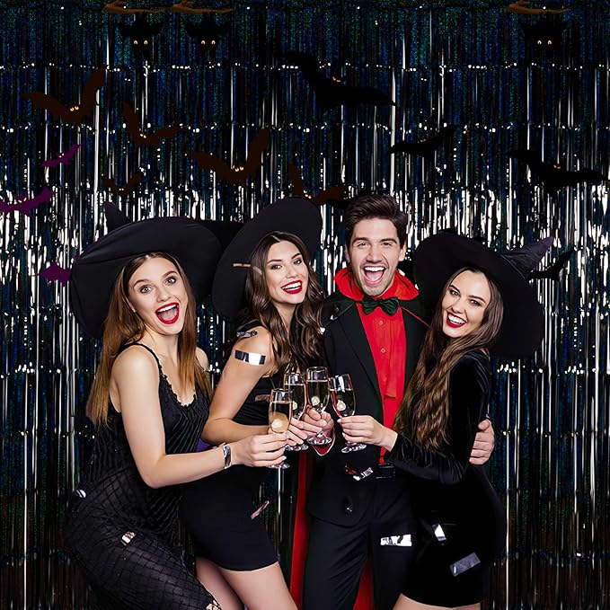 Graduation Decorations 2026 Foil Fringe Curtains- Melsan 3 Pack 3.2 x 8.2 ft Black Tinsel Curtain Photo Backdrop for Birthday Decorations Retirement Party Decorations Black