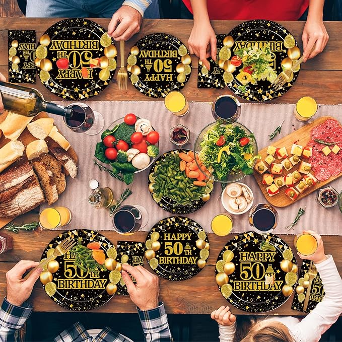 96Pcs 50th Birthday Party Tableware Set, Back in 1976 Birthday Party Decorations Supplies for Men Women Cheers to 50 Years Disposable Paper Plates Napkins Forks Favors, Serve 24