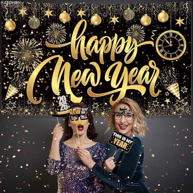 KatchOn, New Years Eve Party Supplies 2026 Set - Pack of 48 | Black and Gold Happy New Year Banner, New Year Photo Booth Props | 2026 Glasses for New Years Decorations | NYE Eve Decorations