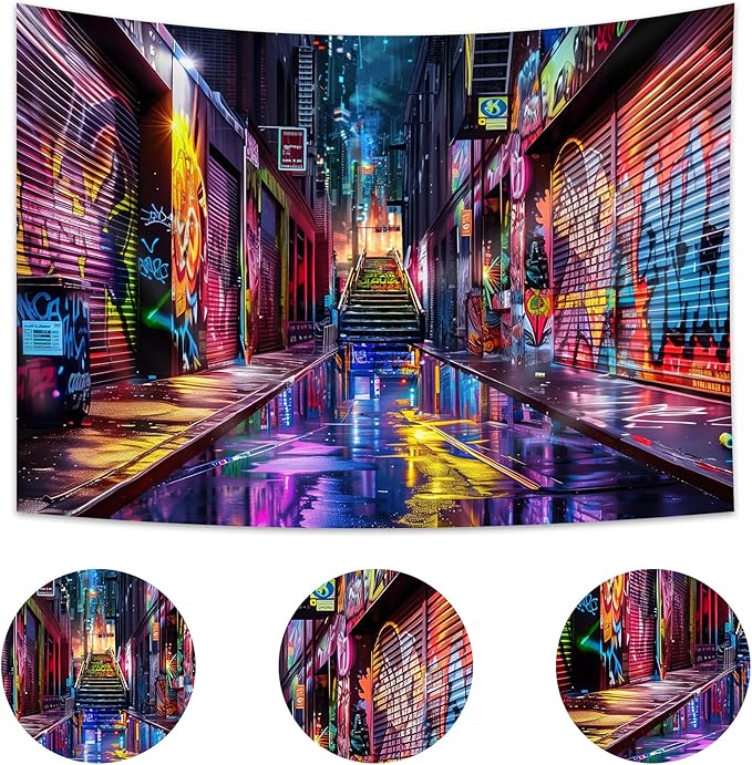 Imirell Graffiti Street Backdrop 7Wx5H Feet Neon Wall Hip Hop Retro 80s 90s Cool Funny Colorful Painting Art Polyester Fabric Modern Photography Backgrounds Photo Shoot Decor Props Decoration