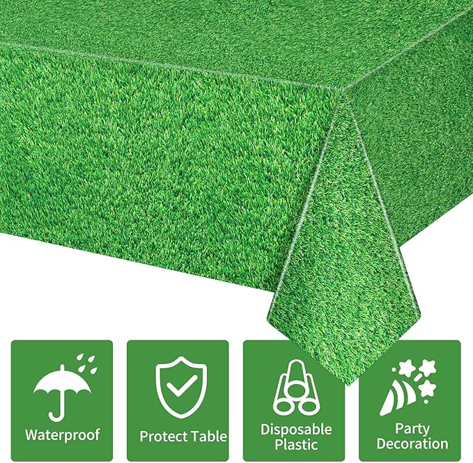 2 Pack Green Grass Tablecloth Golf Table Cloth 54 x 108 Inch Disposable Plastic Grass Tablecloth for Golf Birthday Party Games Decoration Outdoor Picnics Dining Rectangle Table Cover