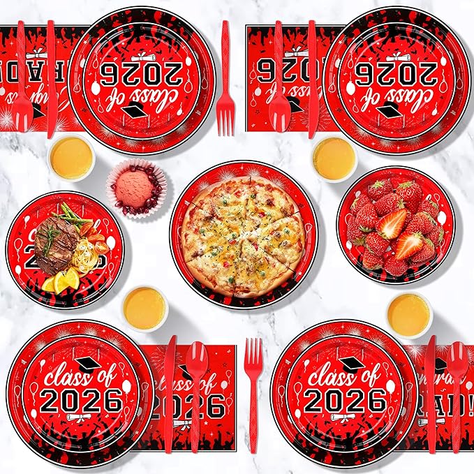175PCS Graduation Plates and Napkins Set 2026 Graduation Party Supplies Tableware Set Include Paper Plate Napkin Cup Knife Fork Spoon for Grad Party Decor Serve25 (Red and Black)
