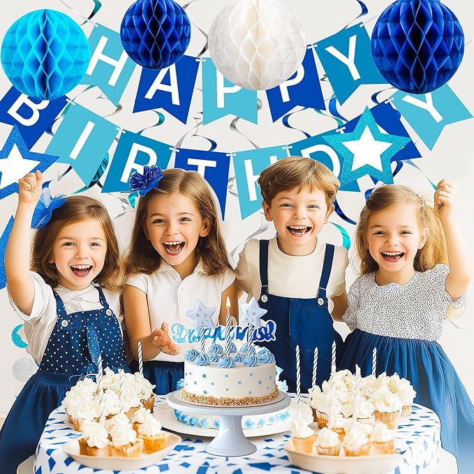 Birthday Decorations, Happy Birthday Banner with Honeycomb Balls, Swirls Set Happy Birthday Decorations Sign for Men Women Boys Girls Birthday Party Supplies Kit for Indoor Outdoor
