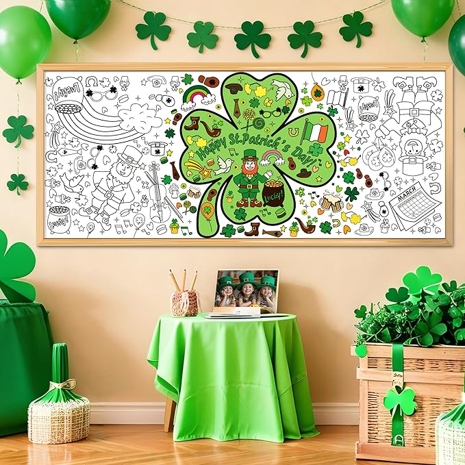 OHOME St Patrick's Day Giant Coloring Poster/Tablecloth - 72×30 Inch St Patricks Day Crafts for Kids,St Patricks Day Gifts Games Activities Toys Decor Party Decorations