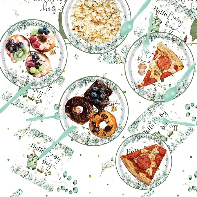 Baby Boy Shower Party Decorations – 194 PCS A Sweet Boy Is On His Way Party Supplies for 24 Guests, Includes Plates, Cups, Napkins, Cutlery, Banner & Tablecloth