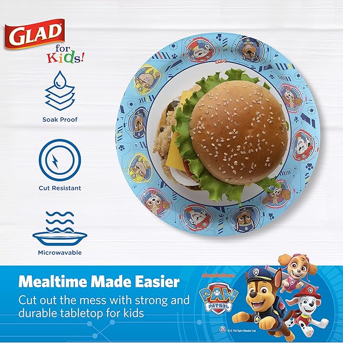 Glad for Kids Paw Patrol Disposable Paper Plates, Heavy Duty Soak Proof Microwavable Kids Plates for Parties, Birthdays, and Everyday Meals, Core Pups Blue, 8.5 Inch, 20 Count (Pack of 2)