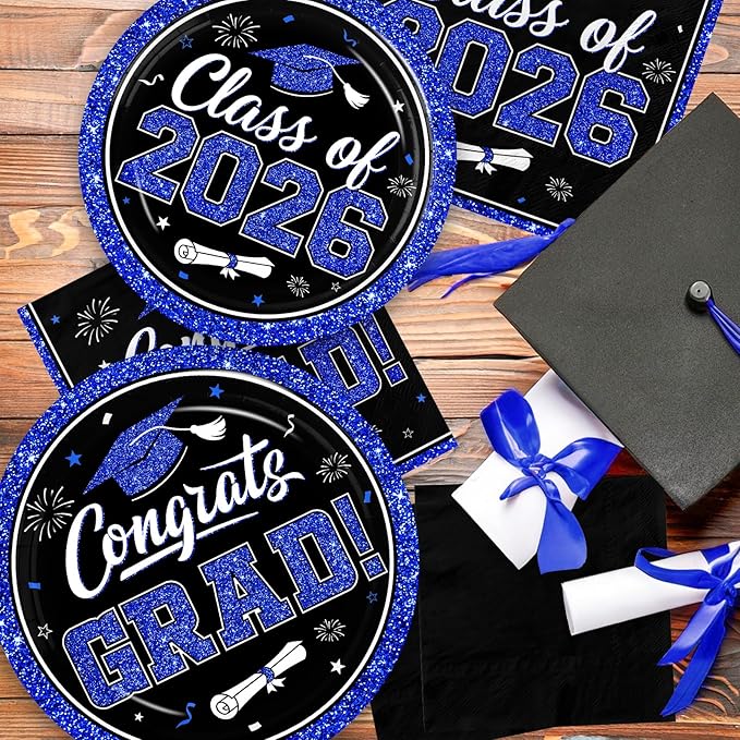 Graduation Decorations 2026 Graduation Party Plates and Napkins Set Black Blue Class of 2026 Graduation Party Supplies for Congrats Grad Party Decor, Serve 50