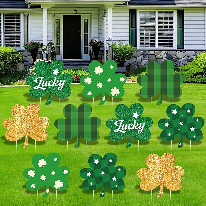 10 Pcs St Patrick's Day Decorations Outdoor, St Patricks Day Decorations Yard Signs with Stakes, Large Green and Gold Clover Signs for Irish-Themed Party Favor, Shamrock Decor for Yard Lawn Garden