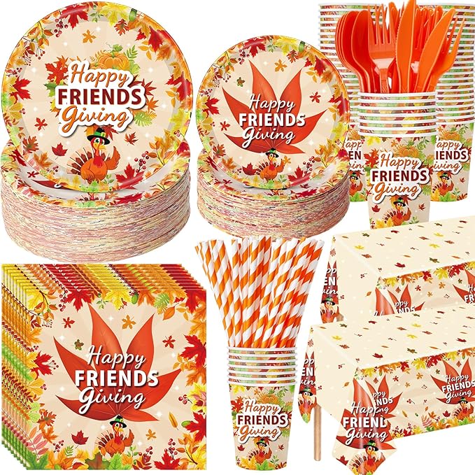 452 Pcs Happy Friendsgiving Party Decoration for 50, Fall Maple Leaf Friends Giving Paper Plates Napkins Cups Tablecloth Cutlery Straws for Autumn Friendsgiving Thanksgiving Party Supplies