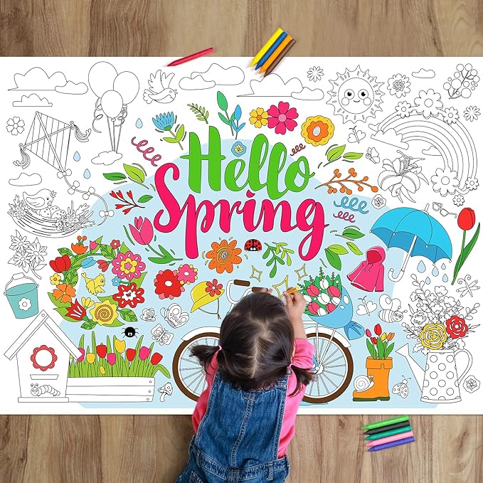 ZOIIWA Hello Spring Coloring Poster for Giant Coloring Poster Large Spring Coloring Tablecloth Jumbo Coloring Books for Home Birthday Party Supplies Favor 31.4 x 43.3 Inch
