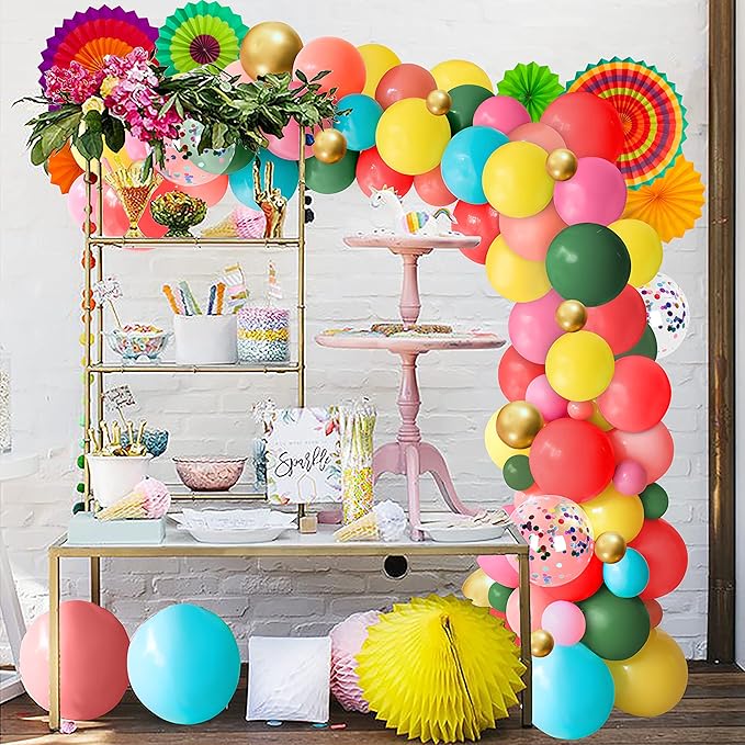 Cinco De Mayo Fiesta Party Decorations - Mexican Themed Balloons Garland Arch Kit + Paper Fans for Birthday Decor Supplies (No Air Pump,Dot&Pennant Banner)