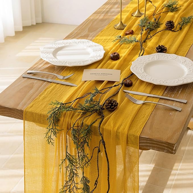 Keketoarrange Golden Yellow Spring Easter Gauze Rustic Cheesecloth Table Runner 120 Inch 10 FT for Wedding Baby Shower Bridal Shower Birthday Engagement Garden Outdoor Party Sheer Boho Decorations