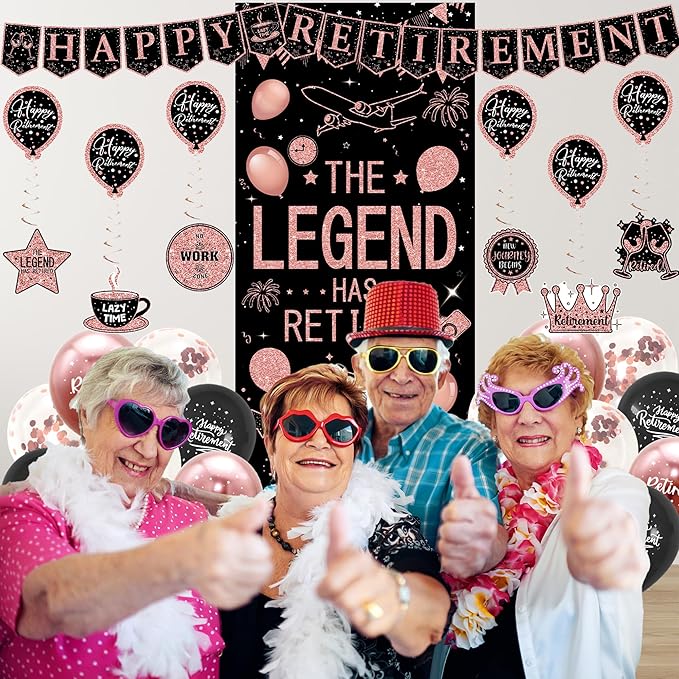 Roetyce Retirement Party Decorations Women, Blue and Pink Happy Retirement Banner Balloons Hanging Swirls Kit, Rose Gold Lengend Has Retired Backdrop for Coworker, Office Retired Party Supplies