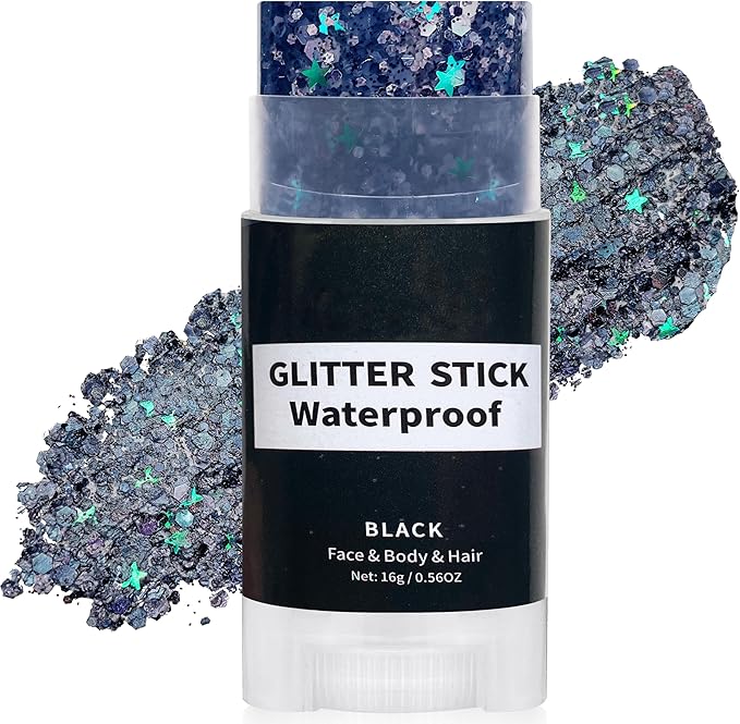 Black Face Glitter Stick,Halloween Body Hair Glitter,Waterproof Singer Concert Outfits for Women, Chunky Glitter Makeup Sequins Body Paint for Parties,Festival