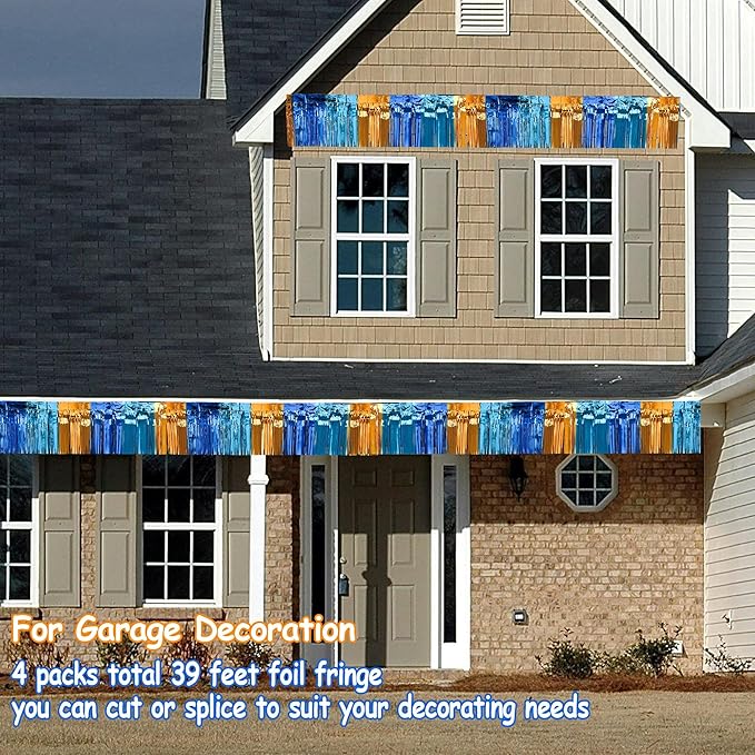 4 Packs Total 39 Ft Parade Floats for Trailer Car, Orange Blue Foil Fringe Garland Tinsel Blue Dog Themed Streamers Hanging Banner Table Skirts for Graduation Homecoming Birthday Dog Themed Party