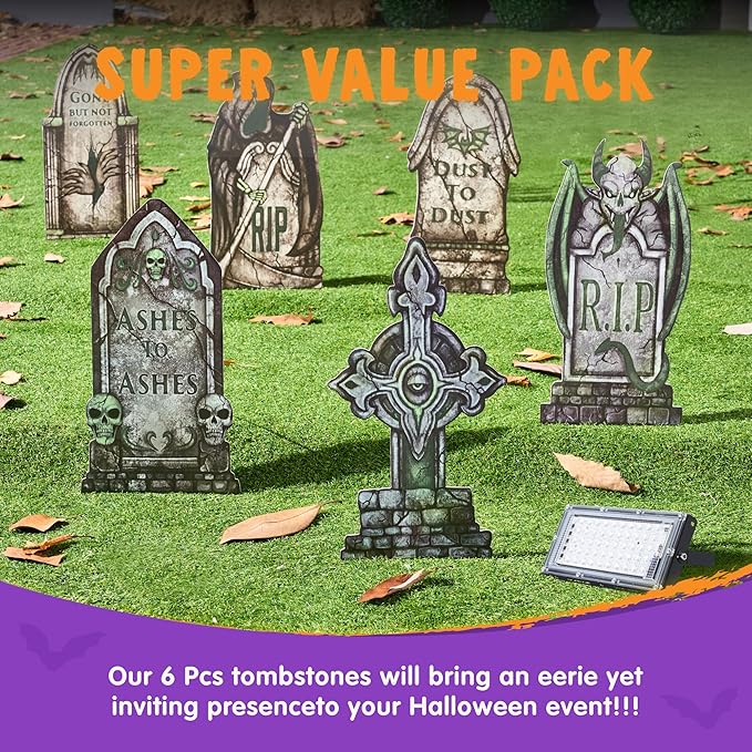 JOYIN 15.7” Halloween Decorations Outdoor Graveyard Tombstones Fluorescent, 7 Pcs Glow in The Dark with Black Light Spotlight Headstone with 12 Metal Stakes, Tombstone for Cemetery Outside Yard Decor