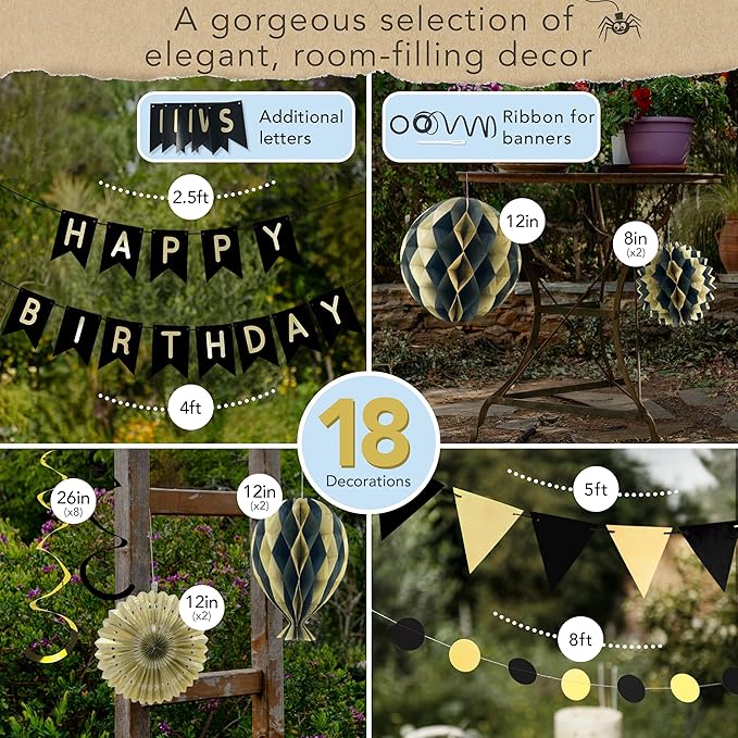 Premium Reusable Birthday Decorations - Multi-occasion Happy Birthday Banner also spells Party Day + more, Fast Assembly with Velcro - Black and Gold Party Decorations for Men and Women