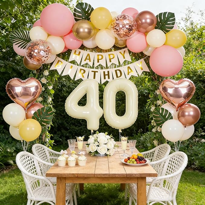 40th Birthday Decorations for Women, Retro Sand White and Cream Balloon Garland Kit, Cream Number 40 Balloon, Pink Happy 40th Banner, Milestone Party Supplies