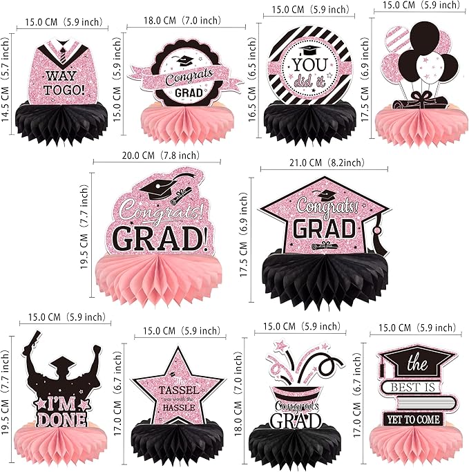 10PCS Graduation Decorations Class of 2025 Centerpieces, Congrats Grad Honeycomb Table Toppers for Graduation Party Favors, 2026 Graduation Party Decorations (10PCS, Glitter Pink & Blue)