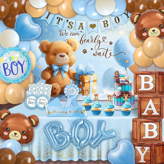 Party Spot！Bear Baby Shower Decorations Boy,80 pcs Balloons,4 Wood Grain Blocks with Letter,"We can bearly wait" Backdrop,Banner,Tablecloth,Balloon Pump, Blue Brown Bear Theme