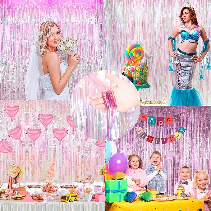 Dazzle Bright 4 Pack Backdrop Curtain, 3FT x 8FT Metallic Tinsel Foil Fringe Curtains Photo Booth Background for Baby Shower Party Birthday Wedding Engagement Bridal Shower (Multicolor)