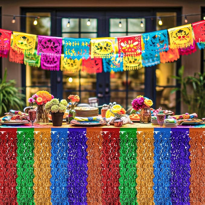 Cinco De Mayo Table Decorations, 2 Pack Fiesta Desk Skirts Supplies, Mexican Theme Metallic Wavy Tinsel Foil Fringe Table Skirts, Rainbow Skirts for Dia De Los Muertos Day Mexico Day of The Dead Decor