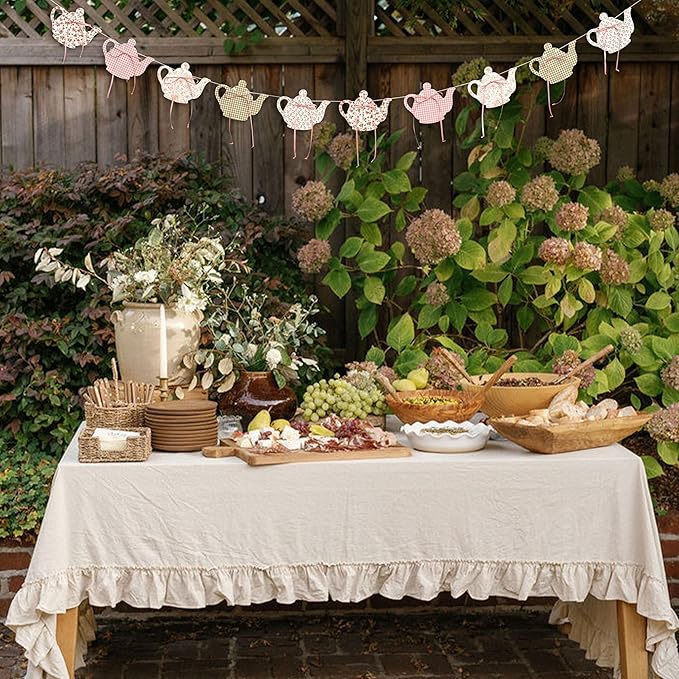 Tea Party Decoration Banner Vintage Garden Teapot Decor, Floral and Gingham Pattern Tea Cup Banner,Tea Party Supplies for Girls, Princesses, Parties, Bridal Showers, Birthday Decor